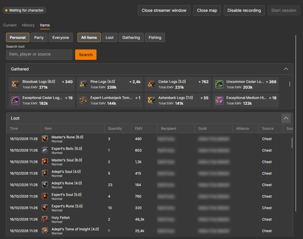AFM Data Client items view with gathered resources, loot pickups, and their EMV