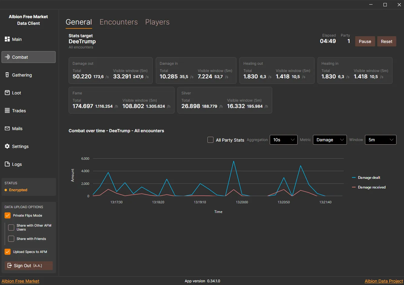 AFM Data Client combat tracker with encounter damage healing and fame statistics