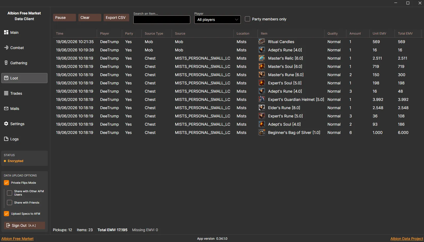 AFM Data Client loot tracker with item pickups party status source details and EMV totals