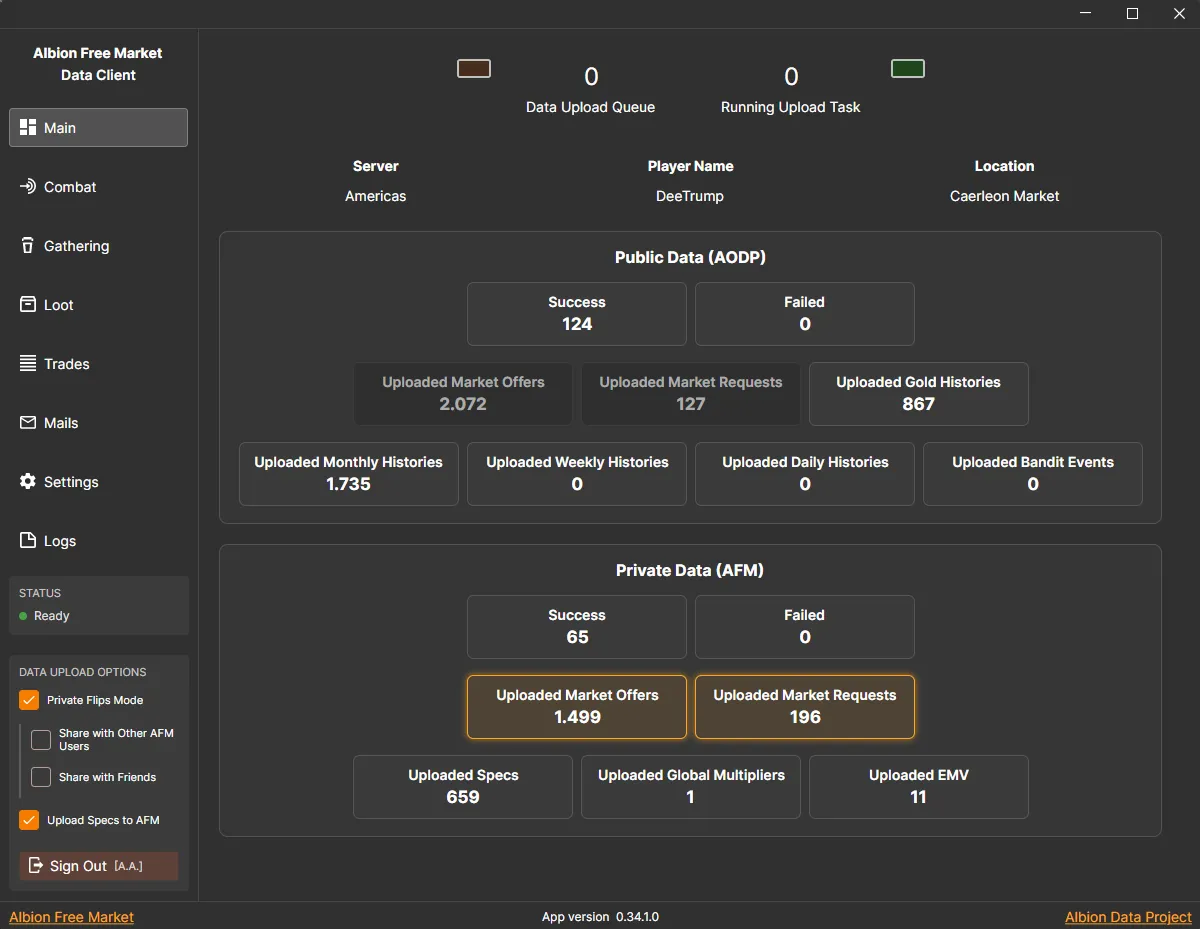 AFM Data Client market upload dashboard showing public and private upload totals