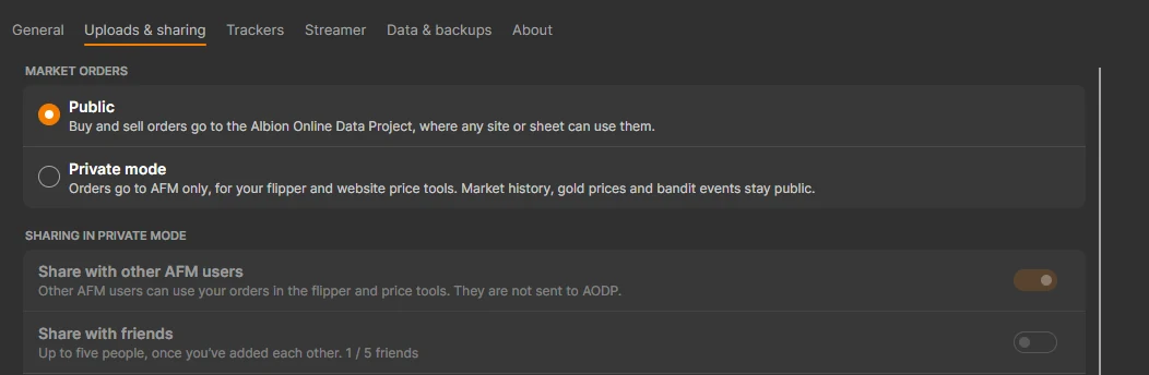 AFM Data Client upload settings with public uploads, Private mode, and sharing options